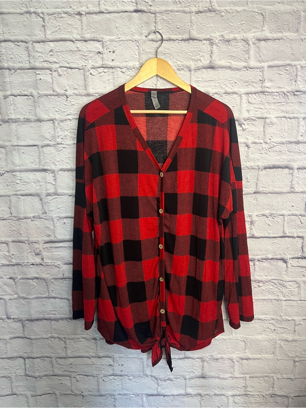 HoneyMe Curvy Red & Black Buffalo Plaid Tie Front Top | Size 3X